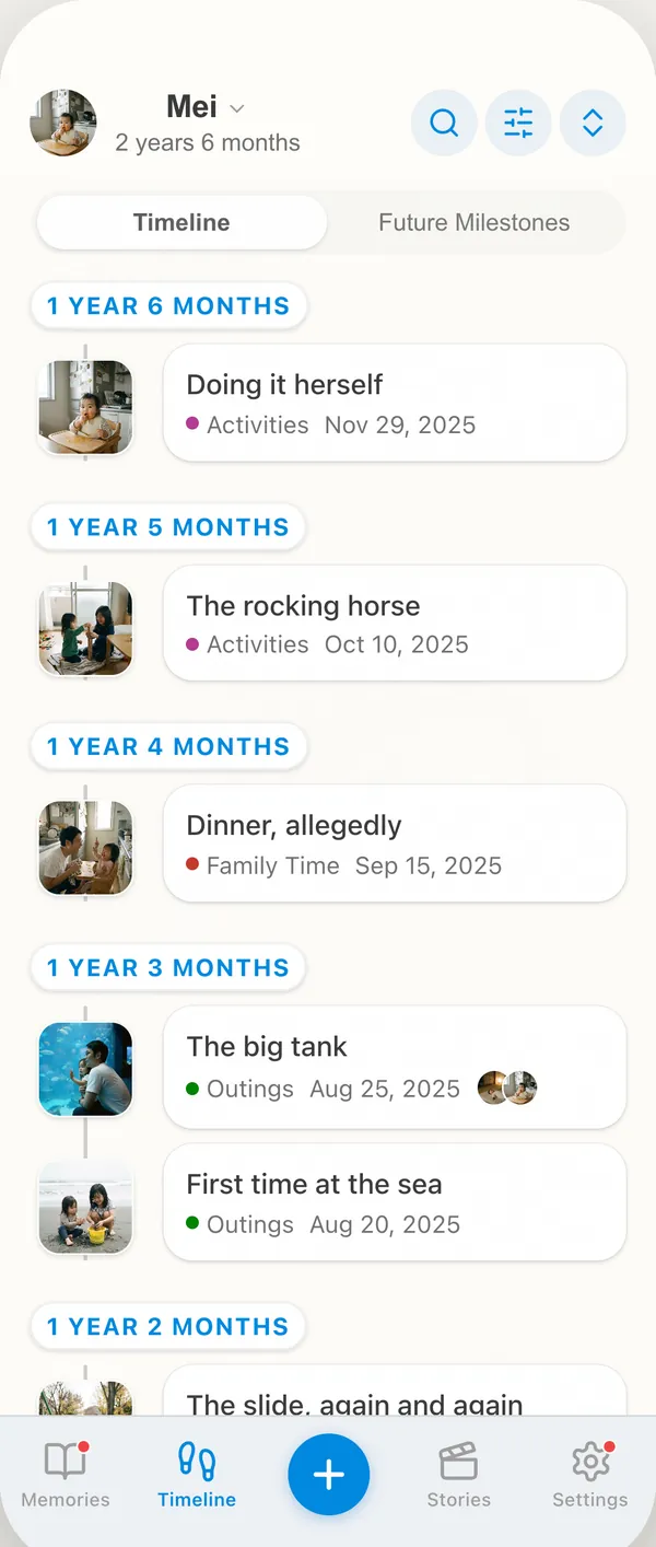 Every memory in the order they happened, headed by age rather than date.